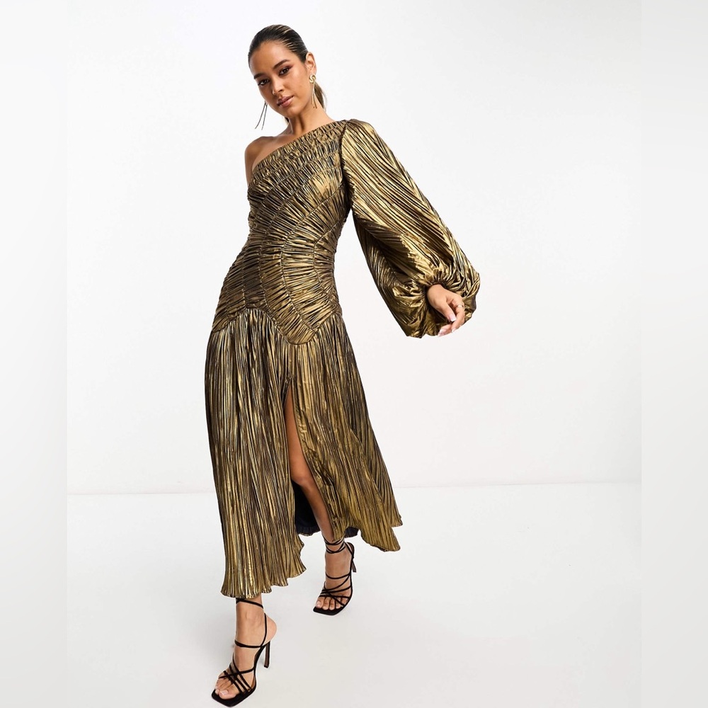 ASOS DESIGN one shoulder sleeve metallic shirred maxi dress in gold